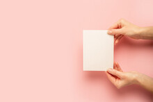 Female Hands Holding A Card On A Pastel Pink Background. Banner. Flat Lay, Top View