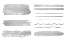 Silver, Metal Foil Artistic Brush Strokes, Brushstroke Shapes, Smears, Stripes, Lines Set. Hand Drawn Textured Text Backgrounds, Steel Grey Painted Graphic Design Elements. Frame, Banner Templates.
