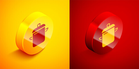 Sticker - Isometric Cooking pot icon isolated on orange and red background. Boil or stew food symbol. Circle button. Vector