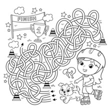 Maze Or Labyrinth Game. Puzzle. Tangled Road. Coloring Page Outline Of Cartoon Girl On Roller Skates With Dog. Sport Activity. Coloring Book For Kids.