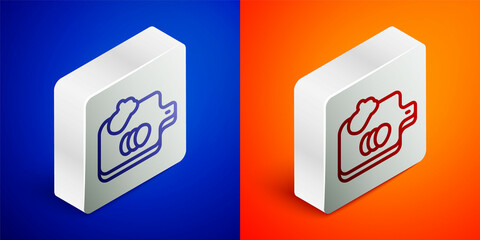 Sticker - Isometric line Cutting board with vegetables icon isolated on blue and orange background. Chopping Board symbol. Silver square button. Vector