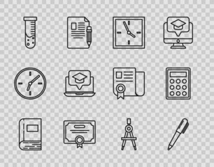 Wall Mural - Set line Book, Pen, Clock, Certificate template, Test tube and flask chemical laboratory, Graduation cap on screen laptop, Drawing compass and Calculator icon. Vector