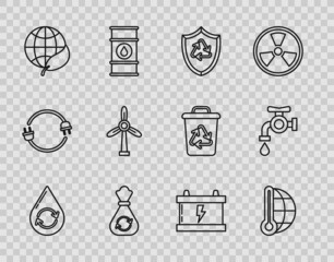 Sticker - Set line Recycle clean aqua, Meteorology thermometer measuring, symbol inside shield, Garbage bag with recycle, Earth globe and leaf, Wind turbine, Car battery and Water tap icon. Vector