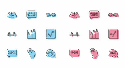 Sticker - Set line Graph, schedule, chart, diagram, Test or exam sheet, Geometric figure Cone, Open book, and Tablet with calculator icon. Vector