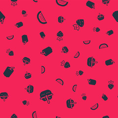 Sticker - Set Basket and food, Watermelon, Bell pepper and Turnip on seamless pattern. Vector