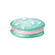 Watercolor illustration with turquoise macaroon in cartoon style. Cute illustration of sweets for girls in the nursery