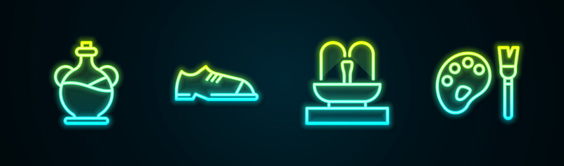 Canvas Print - Set line Bottle of olive oil, Men shoes, Fountain and Paint brush with palette. Glowing neon icon. Vector