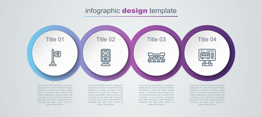 Sticker - Set line Cafe and restaurant location, Information stand, Cargo train wagon and Ticket office to buy tickets. Business infographic template. Vector