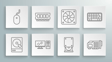 Set line Hard disk drive HDD, RAM, random access memory, Computer monitor, Optical disc, Video graphic card, cooler, Keyboard and mouse icon. Vector