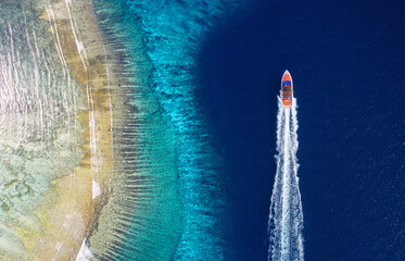 Wall Mural - fast boat on the sea. aerial view of luxury floating boat on blue water at sunny day. seascape with 