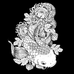 Wall Mural - Koi carp and chrysanthemum flowers sketch. Vector illustration. Tattoo print. Hand drawn illustration for t-shirt print, fabric and other uses.