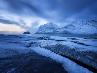 Wall Mural - haukland beach, lofoten islands, norway. landscape with long exposure shot. mountains, beach and clo
