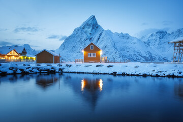 Wall Mural - view on the house in the sarkisoy village, lofoten islands, norway. landscape in winter time during 