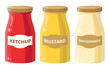 Bottles of mayonnaise, mustard and ketchup sauce seasoning concept food condiment vector
