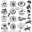 Set of Horse riding sport club badges, patches, emblem, logo. Vector illustration. Vintage monochrome equestrian label with rider, helmet and horse silhouettes. Horseback riding sport. Concept for