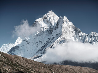 Wall Mural - cold light in valley with view to snow peaks of summit ama dablam in nepal