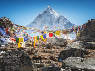 Wall Mural - view to village and terraces with view to snow peaks of mountains in nepal