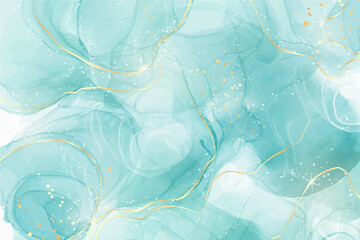 pastel cyan mint liquid marble watercolor background with white lines and brush stains. teal turquoi