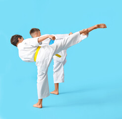 Wall Mural - Little boys practicing karate on color background