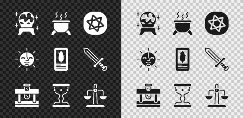 Wall Mural - Set Magic ball, Witch cauldron, Tarot cards, Bottle with potion, Medieval goblet, Libra zodiac, Sun and icon. Vector