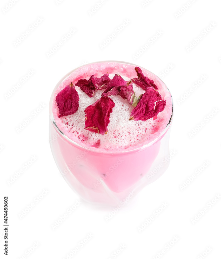 Glass of tasty rose latte on white background