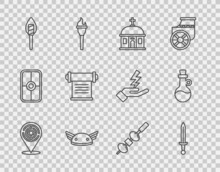 Set Line Minotaur Labyrinth, Medieval Sword, Santorini Building, Helmet With Wings, Torch Flame, Decree, Parchment, Scroll, Olive And Cheese On Chopstick And Bottle Of Olive Oil Icon. Vector