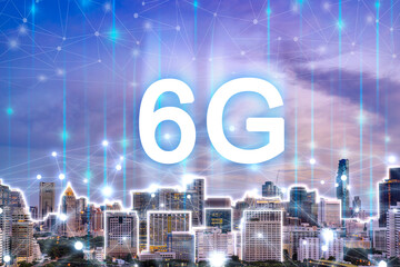 Wall Mural - 6g network digital hologram and internet of things on city background.