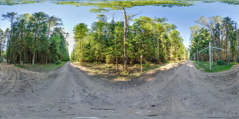 Wall Mural - full seamless spherical hdr 360 panorama on no traffic gravel road among forest in summer day in equirectangular projection, ready  VR AR virtual reality content