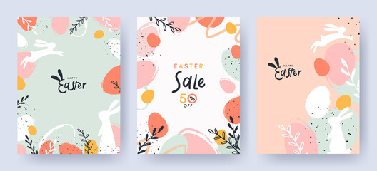 happy easter set of sale banners, greeting cards, posters, holiday covers. trendy design with typogr