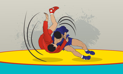 Sparring of two male athletes in sambo wrestling