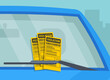 A several parking violation tickets fine on the windshield of car. Close-up view. Flat vector illustration template.
