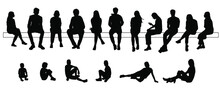 Vector Silhouettes Of  Men, Women, Teenagers And Child, A Group Of Sitting On A Bench  Business People, Profile, Black  Color Isolated On White Background