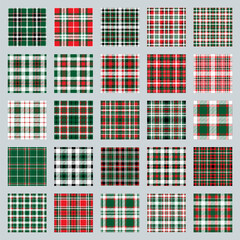 Christmas Pattern seamless of green, red and white vector plaid. Set Holiday background for greeting card, wrapping paper print or winter decor wallpaper.