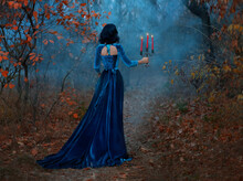 Silhouette Fantasy Woman Queen Runs In Dark Forest, Hands Hold Vintage Burning Candlestick Candles. Blue Velvet Long Medieval Dress. Gothic Girl Vampire Princess Back Rear View. Autumn Nature, Trees.
