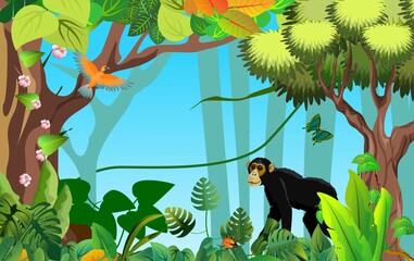 Wall Mural - Tropical jungle scene, blacl chimpanzee sits on tree, exotic amimals and plants