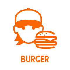 Sticker - Logotipo empleado. Banner con texto Burger y cara de chica con gorra de béisbol con hamburgesa estampado con líneas en color naranja