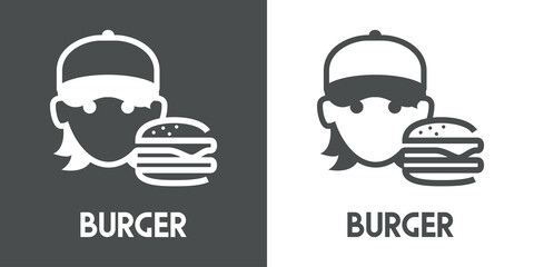 Sticker - Logotipo empleado. Banner con texto Burger y cara de chica con gorra de béisbol con hamburgesa estampado con líneas en fondo gris y fondo blanco