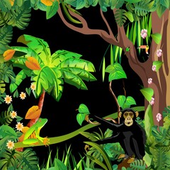 Wall Mural - Tropical jungle scene, blacl chimpanzee sits on tree, exotic amimals and plants