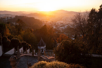 Poster - View of the stairway to the church of Bom Jesus do Monte in evening golden sunset light, Braga, Portugal.