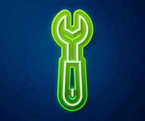 Sticker - Glowing neon line Wrench spanner icon isolated on blue background. Vector