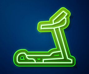 Canvas Print - Glowing neon line Treadmill machine icon isolated on blue background. Vector