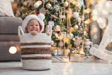 A Beautiful Little Boy In A Santa Claus Hat Is Sitting In A Basket And Laughing Merrily Against The Background Of A Christmas Tree. A New Year's Gift. The Concept Of Celebrating Christmas.