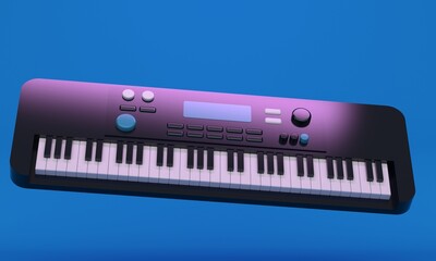 Wall Mural - Blue studio background with flying musical instrument synthesizer. 3d rendering