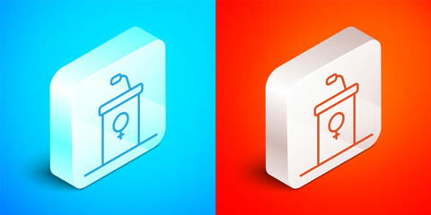 Sticker - Isometric line Stage stand or debate podium rostrum icon isolated on blue and red background. Conference speech tribune. Silver square button. Vector