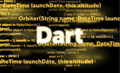 Dart code on dark background and word Dart. Dart programing language 
