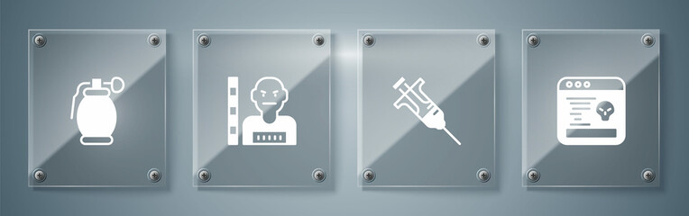 Wall Mural - Set System bug, Syringe, Suspect criminal and Hand grenade. Square glass panels. Vector