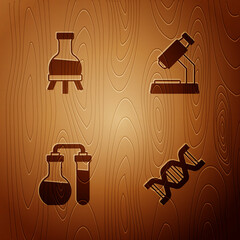 Set DNA symbol, Test tube, and Microscope on wooden background. Vector