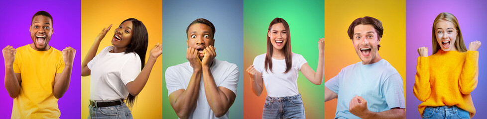 Set of happy emotional diverse people men and women clenching fists, celebrating success on gradient backgrounds