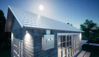 3d rendering of eco house building and green power energy consist of solar cell or photovoltaic cell in solar shingles and electrical cabinet. System technology for generate electrical power at night.