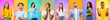 Set of emotional diverse men and women celebrating success with euphoric face expressions, gradient backgrounds
